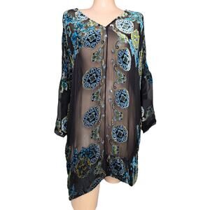 Citron Santa Monica Velvet Burnout Silk Tunic Medium Boho Lagenlook Art to Wear‎